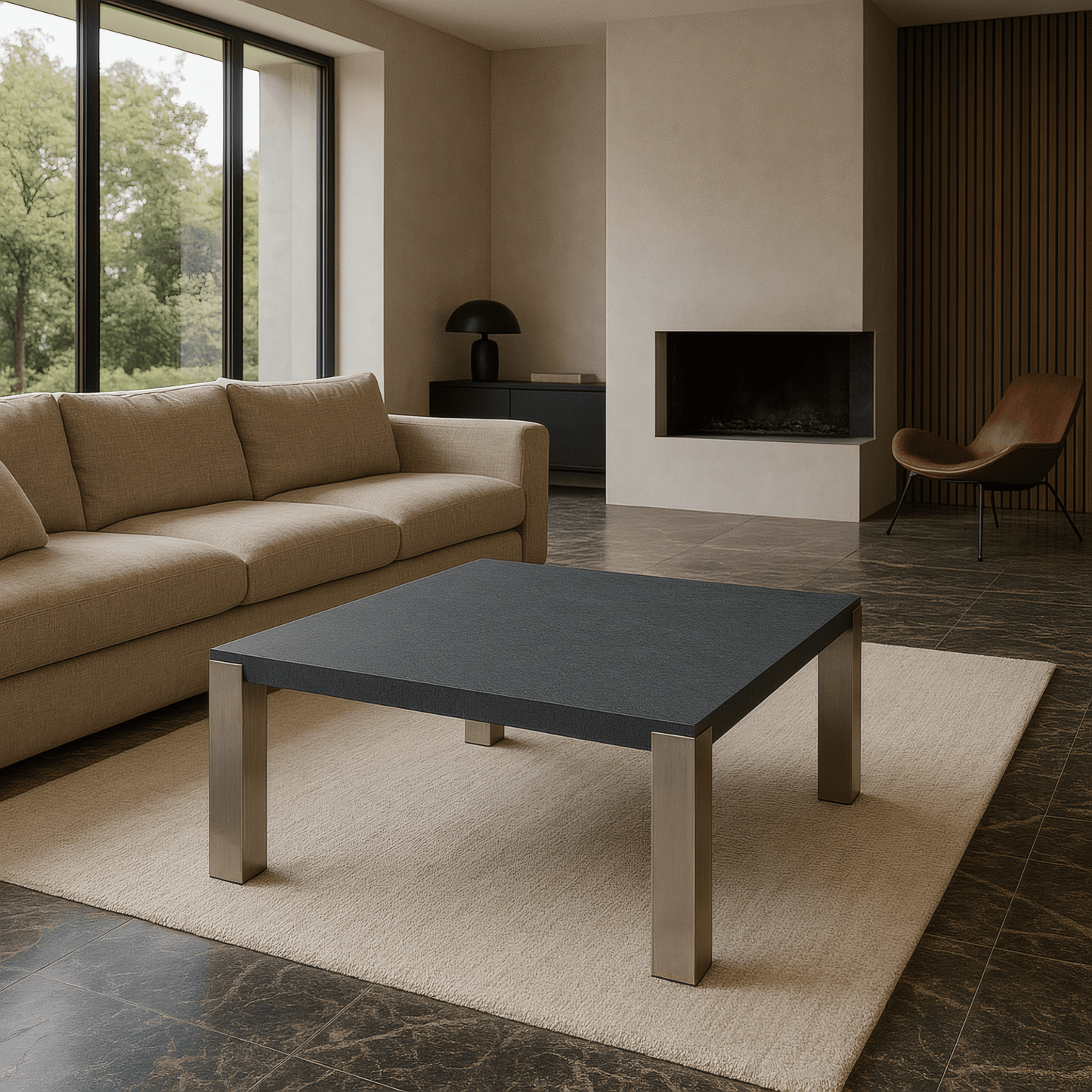 Table Basse Design – Noir Éclipse en Granit Zimbabwe & Inox Brossé