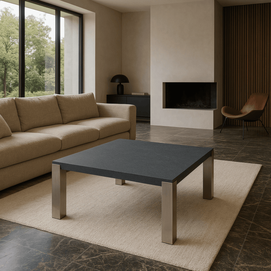Table Basse Design – Noir Éclipse en Granit Zimbabwe & Inox Brossé